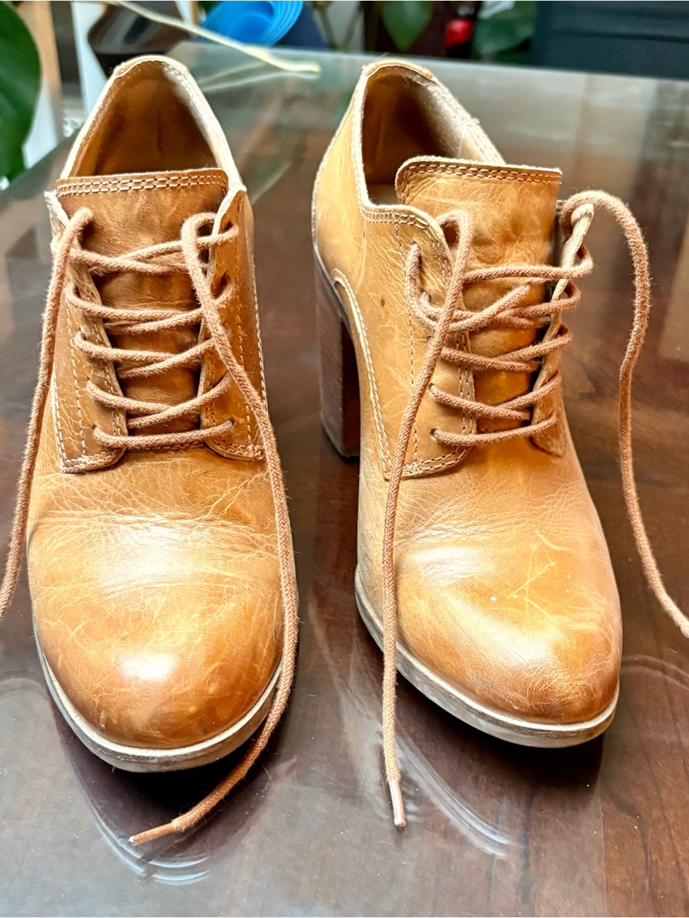 Tan Leather Lace-Up Chunky Heels